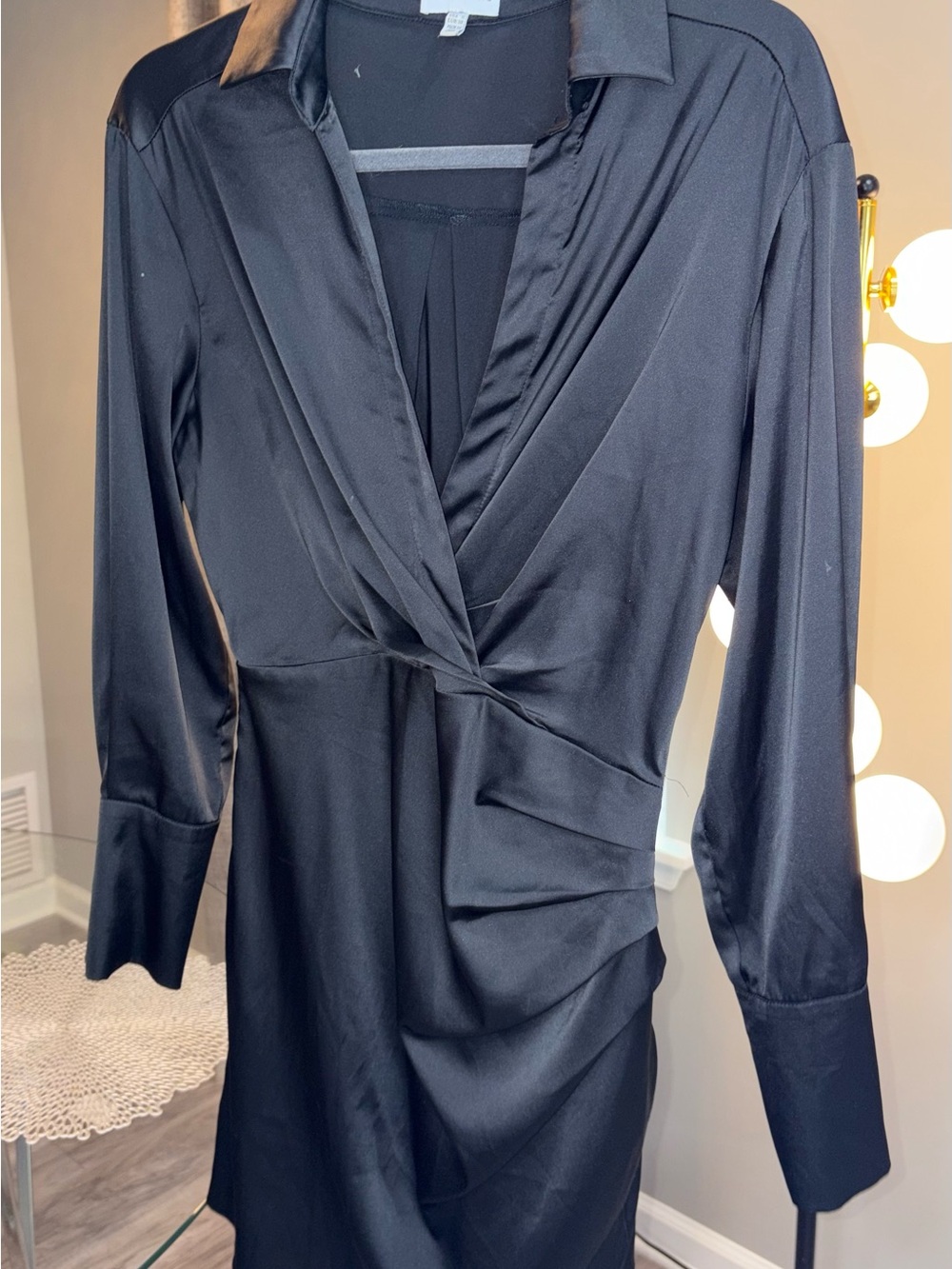 Lucy Paris Black Satin Wrap-Front Long Sleeve Dress